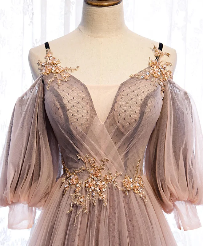 Long Sleeves Pink Tulle Long Party Dress with Lace, Pink Floor Length Prom Dress Square Neckline Feminine