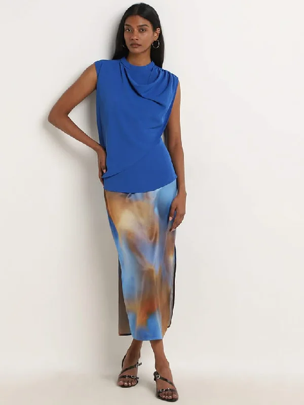 Wardrobe Blue Tie-Dye High Rise Skirt with Slit linen skirt breathable