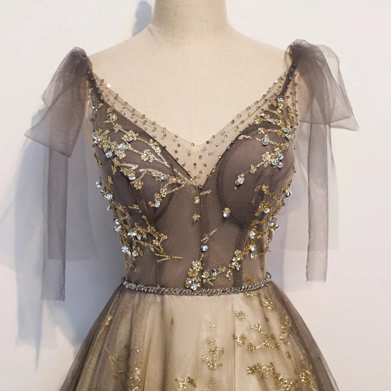 Gorgeous A-line V-neckline Long Party Dress Prom Dress, Lace Evening Dresses Glittery Long Formal