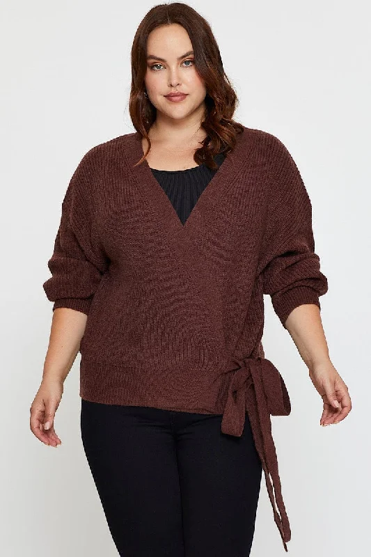 Brown Cardigan Long Sleeve Wrap Front Tie Casual Formal Business