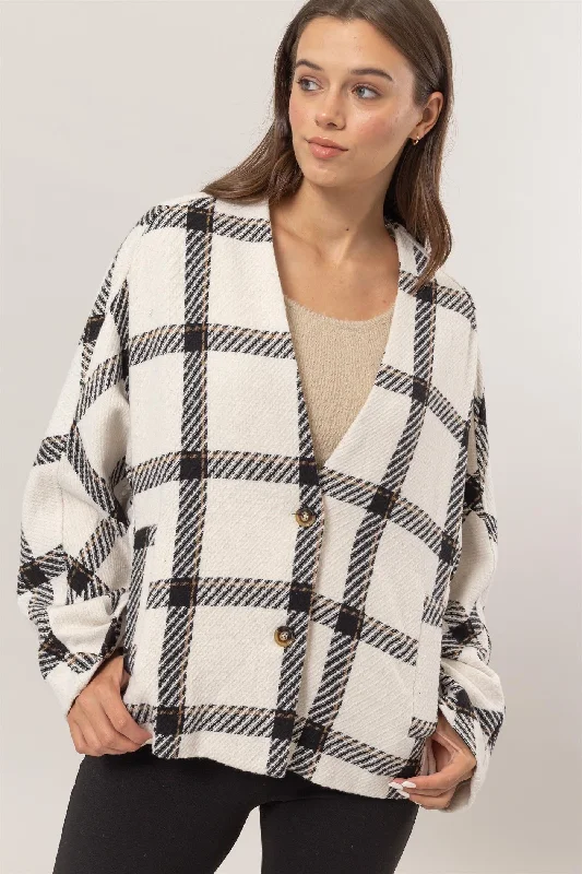 HYFVE Plaid Long Sleeve Jacket with Side Slit Pockets Welt Pockets Slit Pockets Flap Pockets