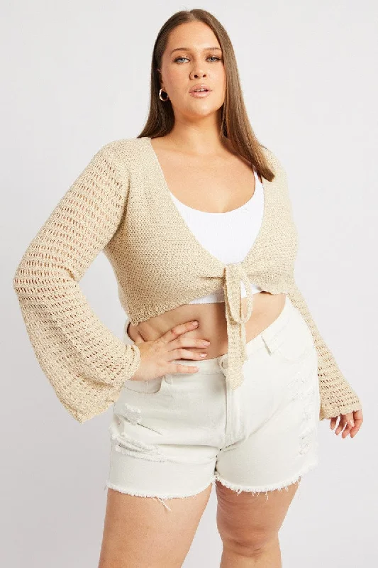 Beige Crochet Cardigan Long Sleeve Tie Front Knit Lace Blend Ribbed Blend Corduroy Blend