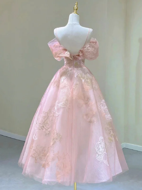 Pink Spaghetti Strap Tulle Lace Short Prom Dress, Cute A-Line Party Dress Tunics Yoga stretchy
