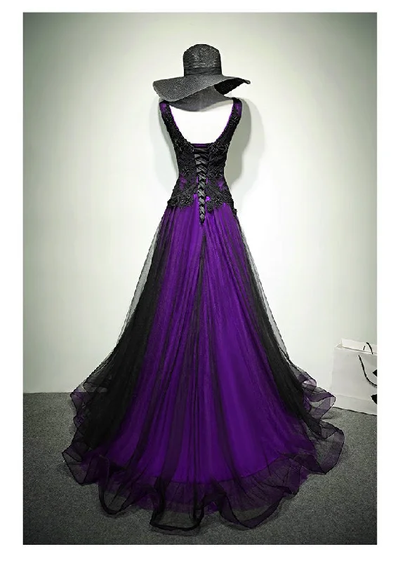Black and Purple V-neckline A-line Prom Dress, Tulle with Lace Party Dress Tunics Solid Classic