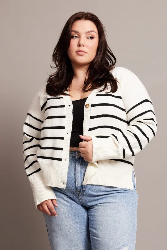 White Stripe Oversized Cardigan Long Sleeve V-neck Stripe Toggled Drawstring Belted
