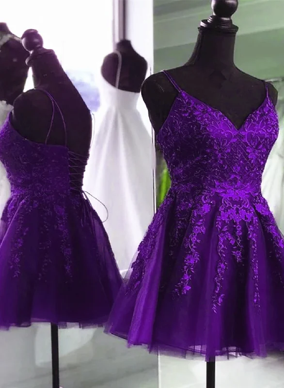V Neck Beaded Purple Lace Prom Dress, Purple Lace Homecoming Dress Short Party Dress Tunics Denim casual