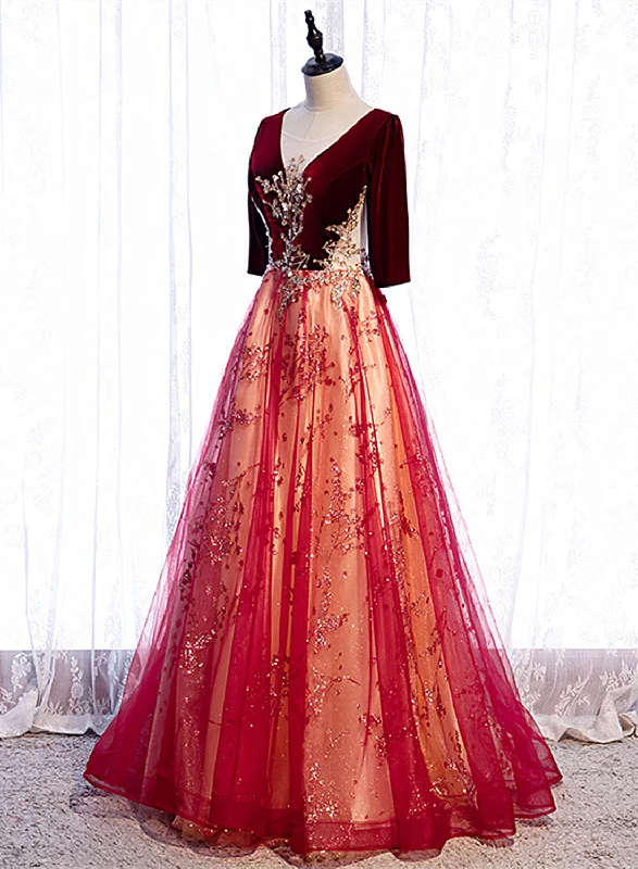 Wine Red Velvet 1/2 Sleeves Long Party Dress with Lace, A-line Junior Prom Dress Crew Neckline Casual