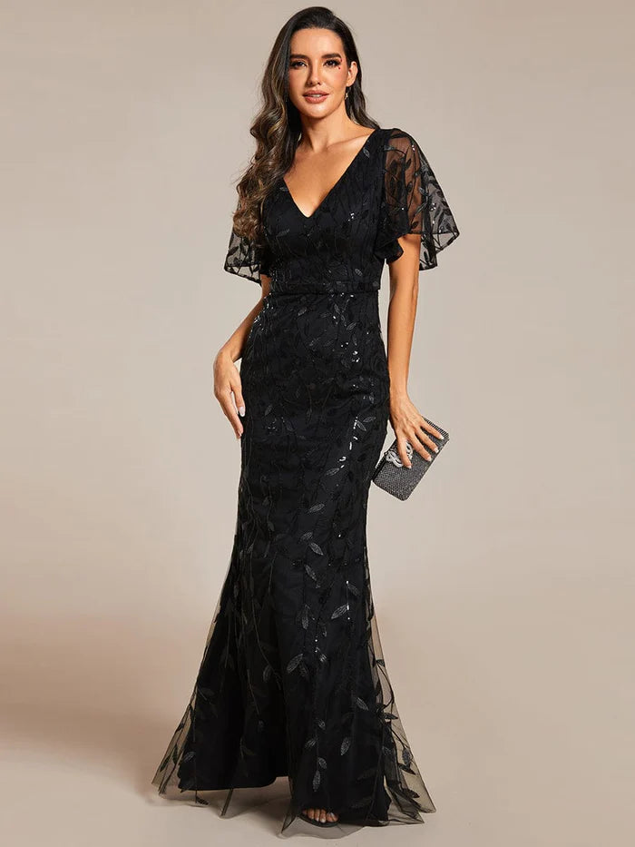 Gorgeous V Neck Leaf-Sequined Fishtail Party Dress Tunics Canvas sturdy