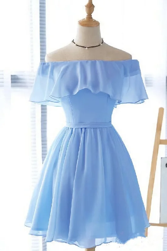 Lovely Blue Short Chiffon Off Shoulder Party Dress, A-line Prom Dress Tunics Corduroy durable