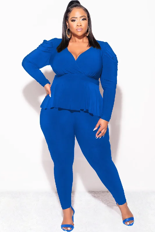Final Sale Plus Size Faux Wrap Peplum Top and Pants Set in Royal Blue Elegant Wool Trousers