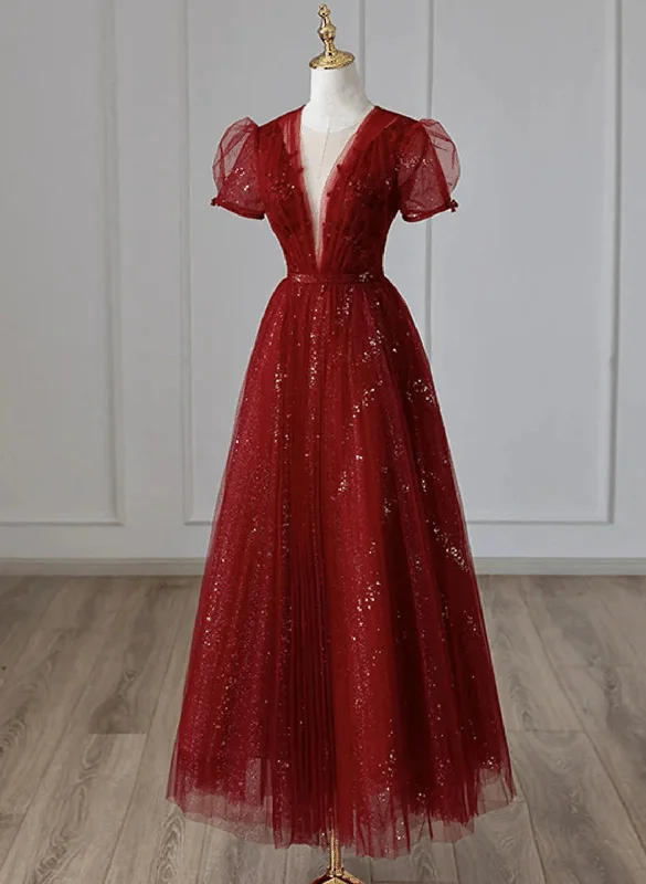Wine Red Tulle Short Sleeves Long Party Dress Wine Red Evening Gown prom dresses shops Cowl Neckline Elegant