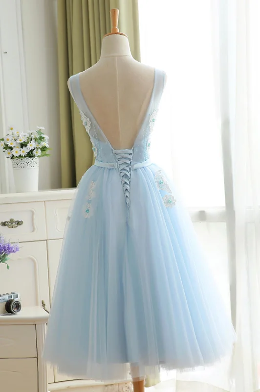 Blue Tulle Lace Short Prom Dress, A-Line Homecoming Party Dress Peplum Ruffle Cocktail