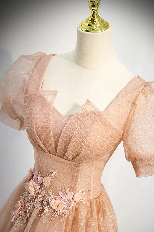 Pink Short Sleeves Tulle Party Dress, A-line Flower Lace Prom Dress Tunics Polka dots