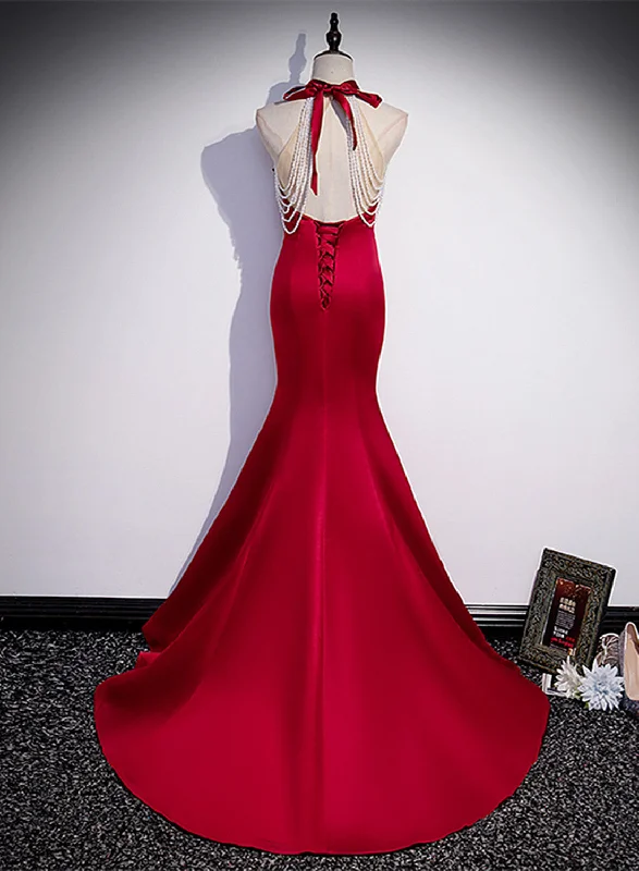 Red Mermaid Satin Long Party Dress Formal Dress, Lace-up Red Prom Dress Turtleneck Warm Winter