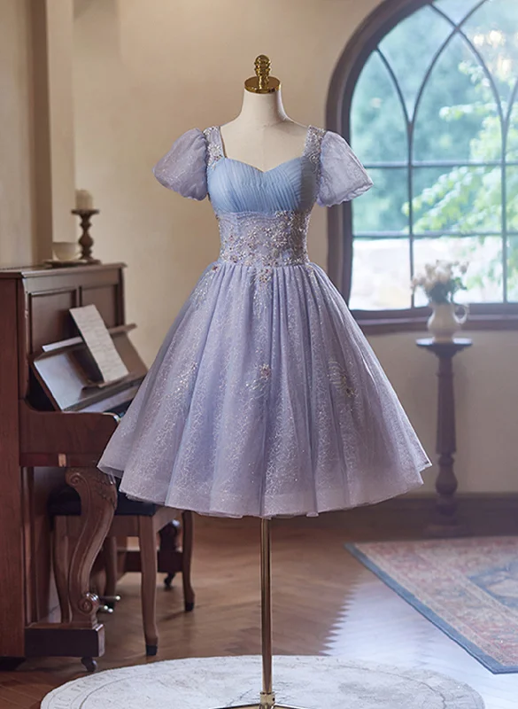 Cute Light Purple Short Sleeves Homecoming Dress, Light Purple Party Dress Boatneck Modish Everyday