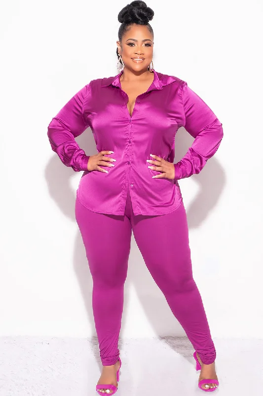 Final Sale Plus Size 2pc Button Up Collar Satin Top and Pants Set in Berry Comfortable Fleece Pants Final Sale Plus Size 2pc Button Up Collar Satin Top and Pants Set in Berry Comfortable Fleece Pants