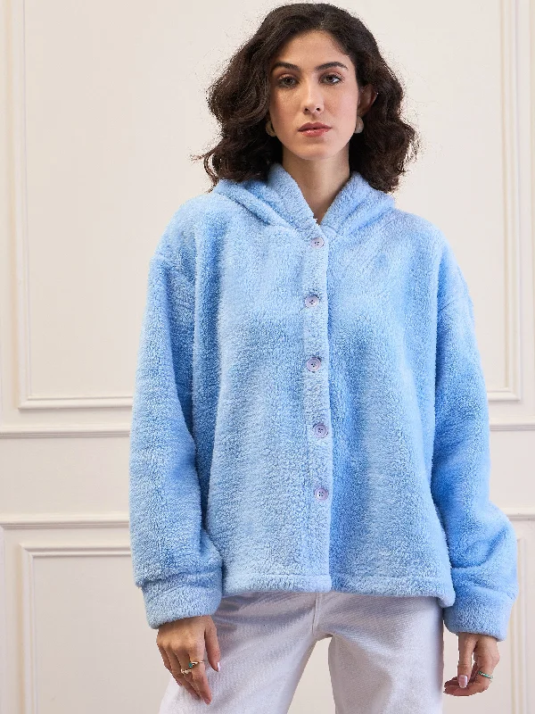 Women Blue Fur Button Placket Hooded Jacket Plaid Jacket Tartan Jacket Houndstooth Jacket