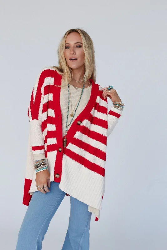 Great Stripes Cardigan - Red Solid Color Striped Floral Print