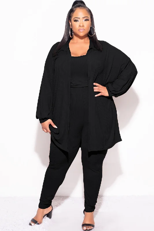 Final Sale Plus Size Ribbed 3pc Set Cardigan, Tank Crop Top, & Pants in Black Fitted Loose Oversized