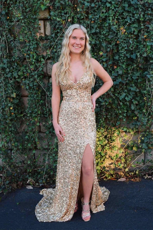 Mermaid Sequins Flattering Long Prom Party Dresses With Slit Tunics Evening elegant