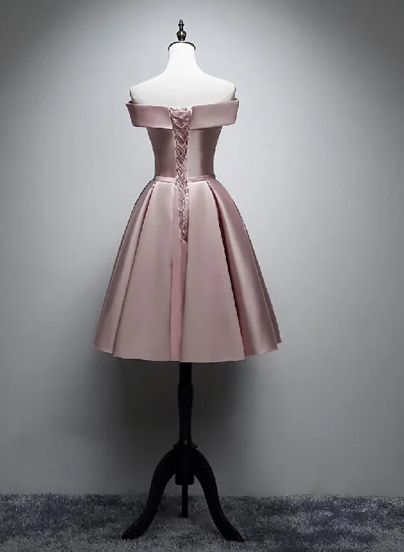 Pink Satin Off Shoulder Lace-up Party Dress, Pink Prom Dress Tunics Vintage classic