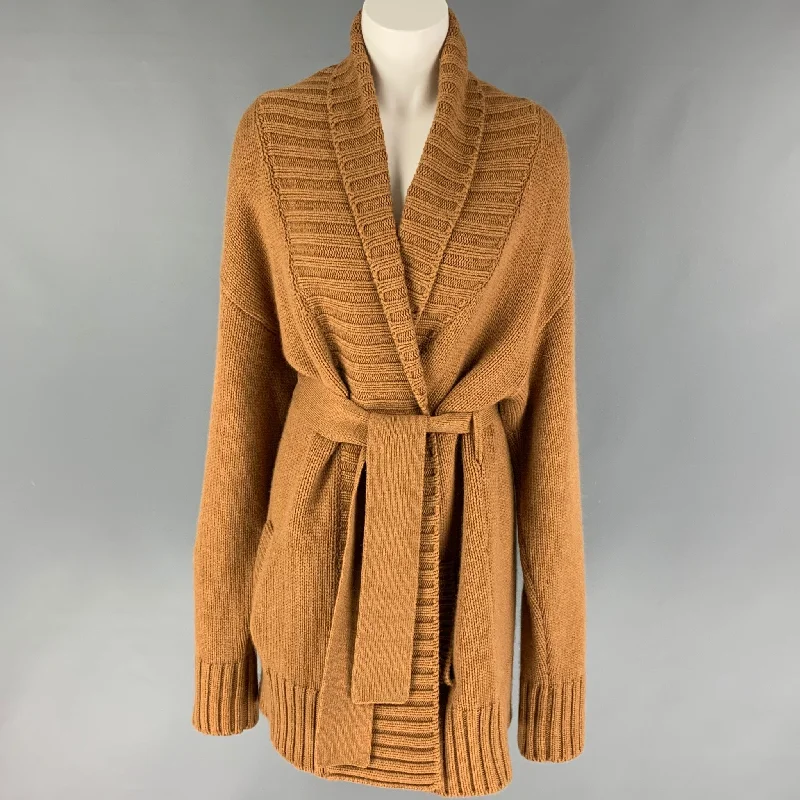 DOLCE & GABBANA Size 8 Tan Cashmere Shawl Collar Belted Cardigan Knit Fabric Woven Fabric Fleece Fabric