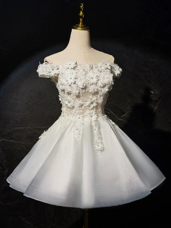White Flowers Lace Short Prom Dress, Lovely A-Line Evening Party Dress Tunics Denim casual