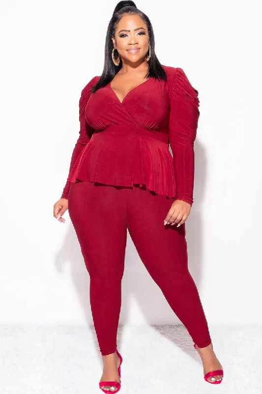Final Sale Plus Size Faux Wrap Peplum Top and Pants Set in Burgundy Casual Plaid Pants