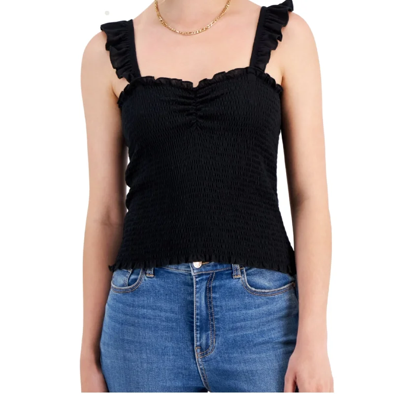 CRAVE FAME -  Flutter-Strap Smocked Cinch-Neck Tank Top relaxed fit tank