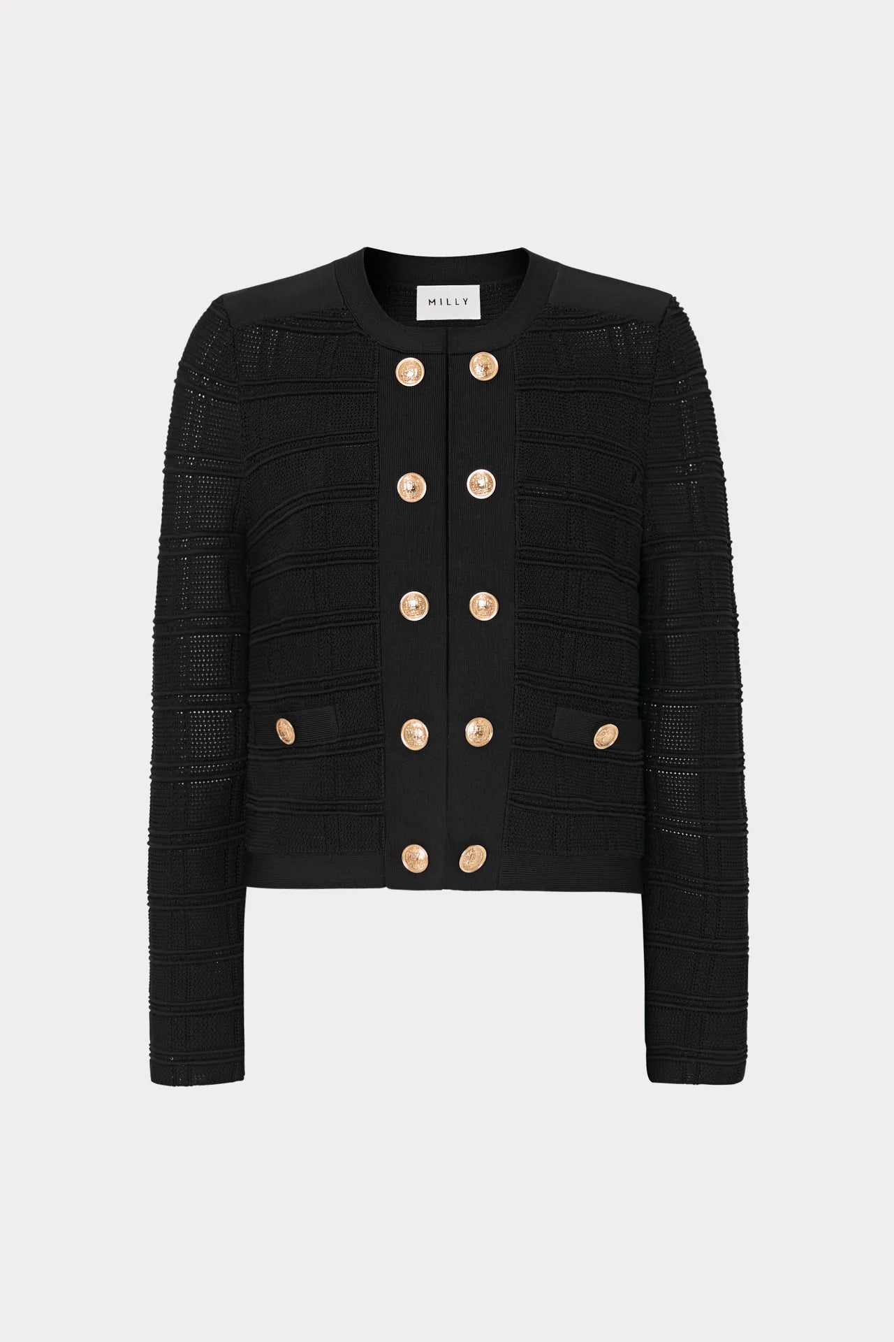 Pointelle Textured Knit Jacket Black - MILLY Oversized Jacket Tailored Jacket Straight Jacket