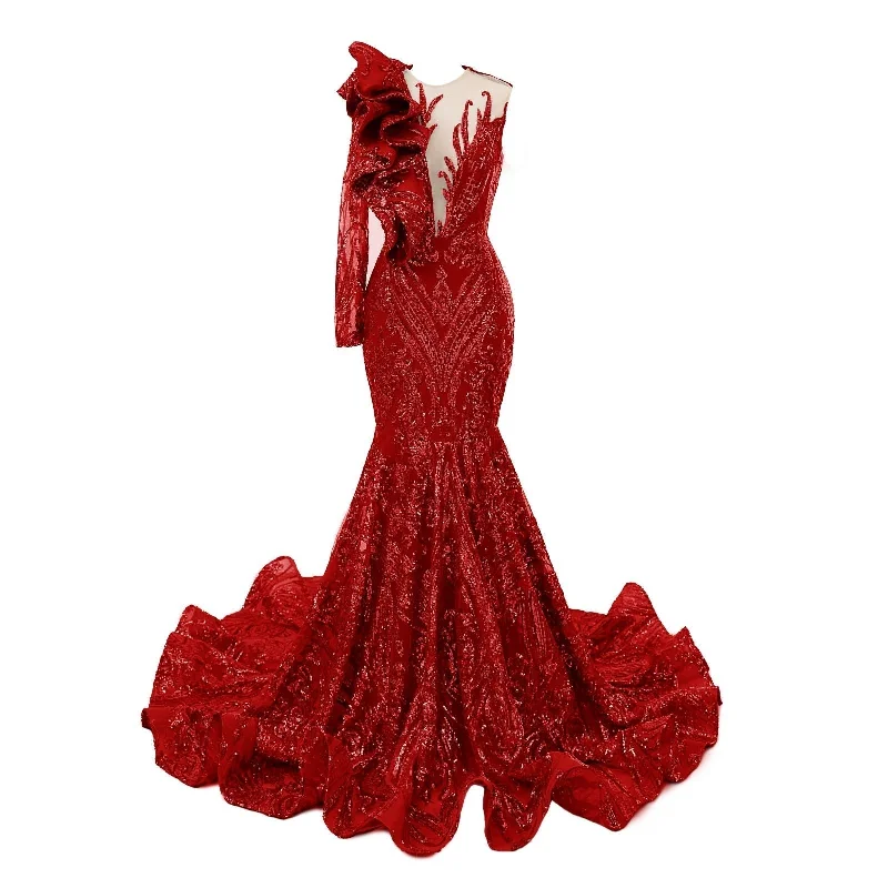 Red Mermaid One Sleeve Prom Dresses Sequined Lace Jewel Ruffles Evening Party Dress with Appliques Tunics Prom sequined
