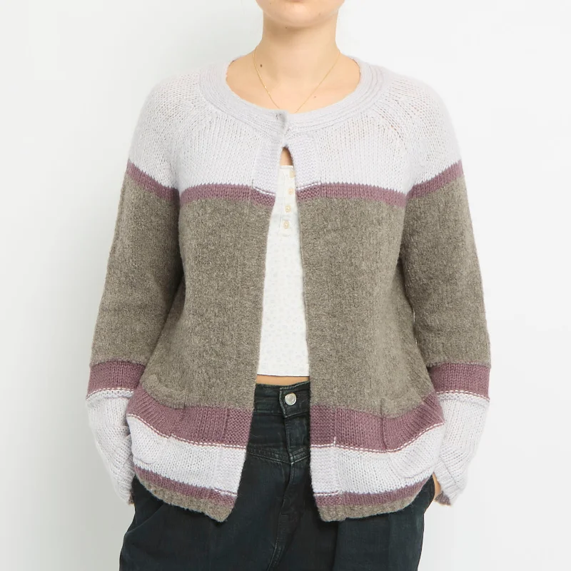 Stripe Detail Knitted Cardigan- UK 14 Nylon Fabric Polyester Fabric Spandex Fabric