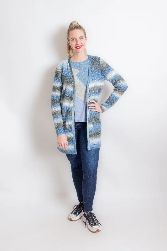 Multi Blue & White Striped Cardigan Crew Neck V-Neck Turtle Neck