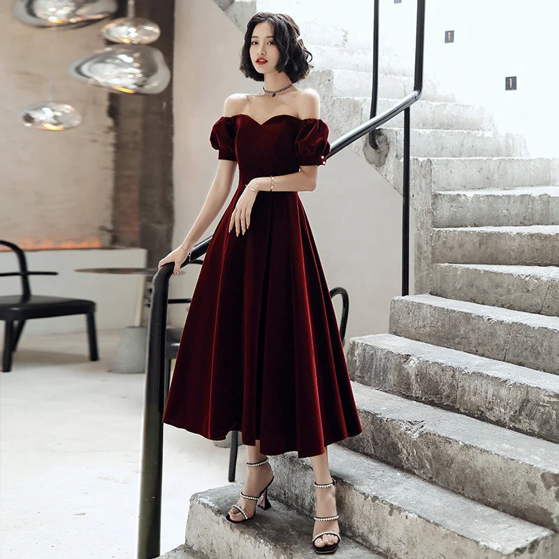 Burgundy velvet short prom dress party dress Shift Classic Vintage