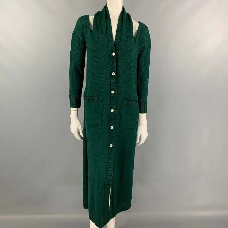MONSE Size XS Green Knitted Merino Wool Open- Back Halterneck Long Cardigan Silk Blend Satin Velvet