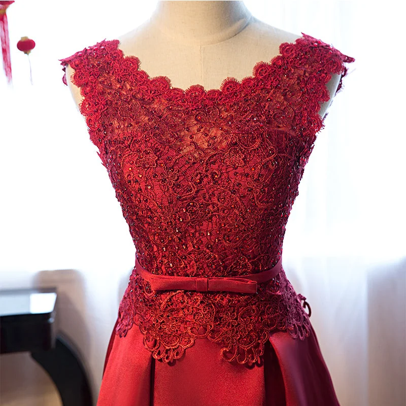 Dark Red Lace Long Junior Prom Dress, Lace Top Party Dress Tunics Exclusive limited