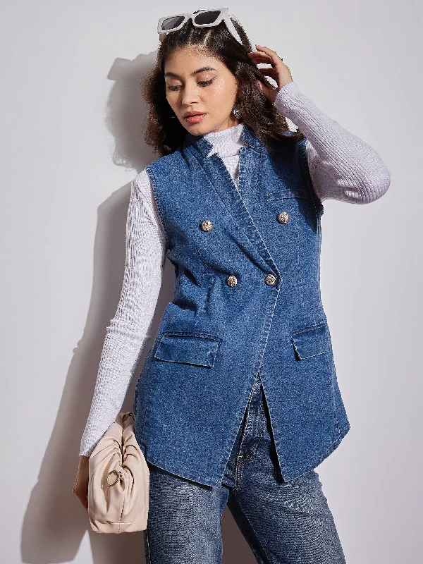 Women Blue Denim Flap Pocket Sleeveless Jacket Welt Pockets Slit Pockets Flap Pockets
