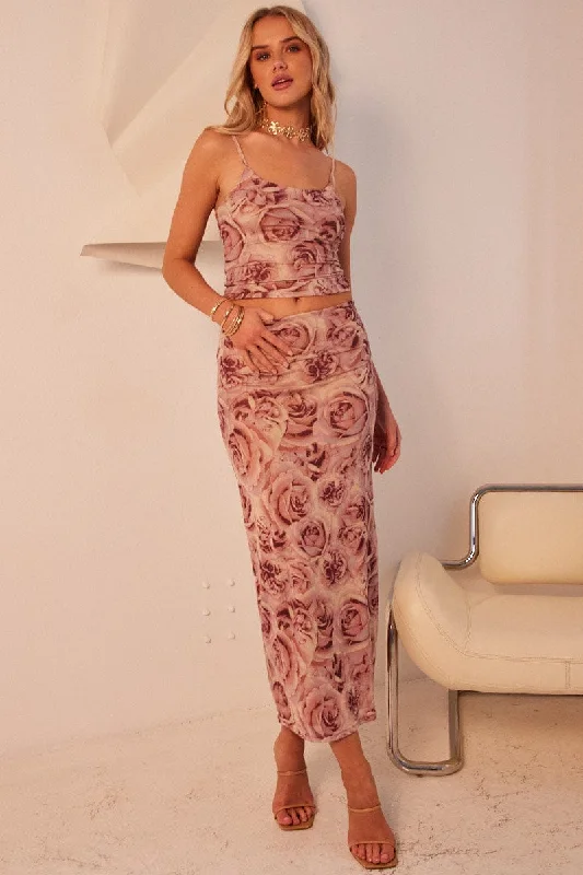 Pink Floral Midi Skirt High Rise Mesh silk skirt lustrous