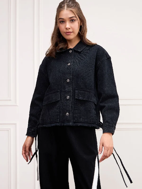 Women Black Washed Denim Front Pocket Jacket Toggled Jacket Drawstring Jacket Belted Jacket