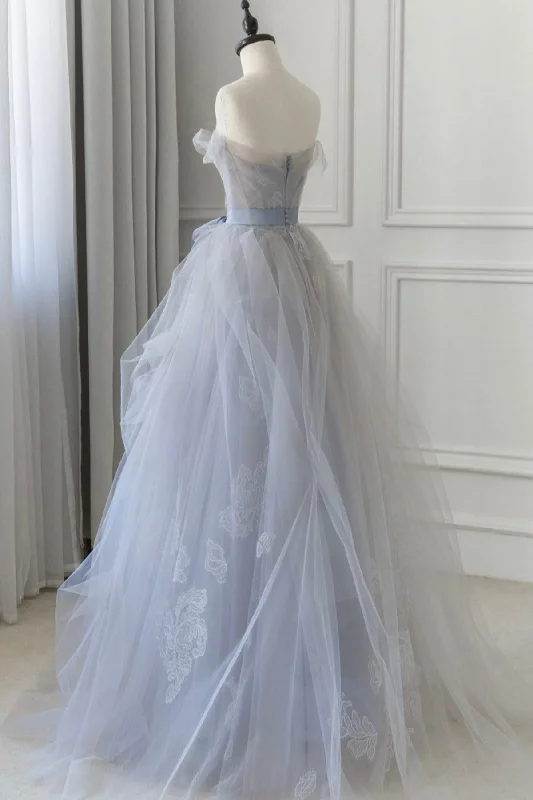 Gray Blue Lace Long Prom Dress, Strapless Evening Party Dress Tunics Luxurious high-end