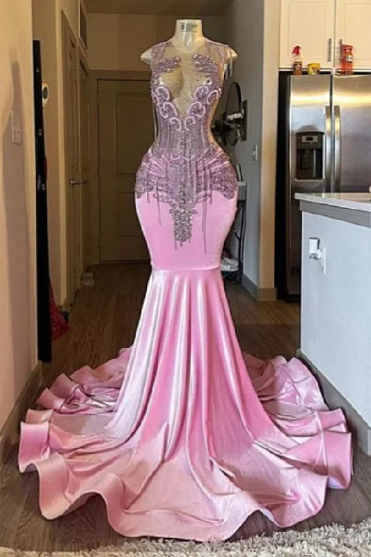Pink Mermaid Beaded Floor Length Prom Party Dresses Crew Neckline Casual