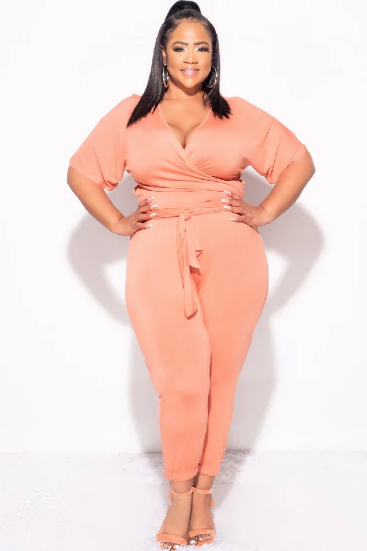 Final Sale Plus Size 2pc Faux Wrap Top & Pants in Rust High-Waist Yoga Pants