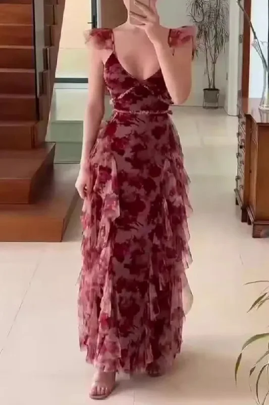 Vintage Chiffon Print Irregular Ruffles Long Prom Dress A Line Party Dress Tunics Short Trendy Vintage Chiffon Print Irregular Ruffles Long Prom Dress A Line Party Dress Tunics Short Trendy
