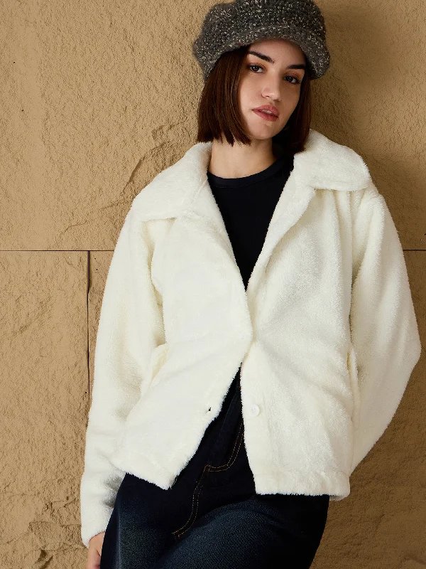 Women Off White Fur Flap Pockets Jacket Cotton Jacket Linen Jacket Terry Jacket