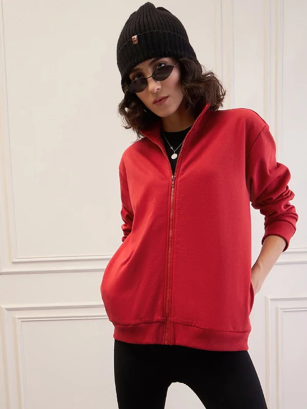 Women Red Fleece Front Zipper Jacket Elasticated Jacket Padded Jacket Insulated Jacket