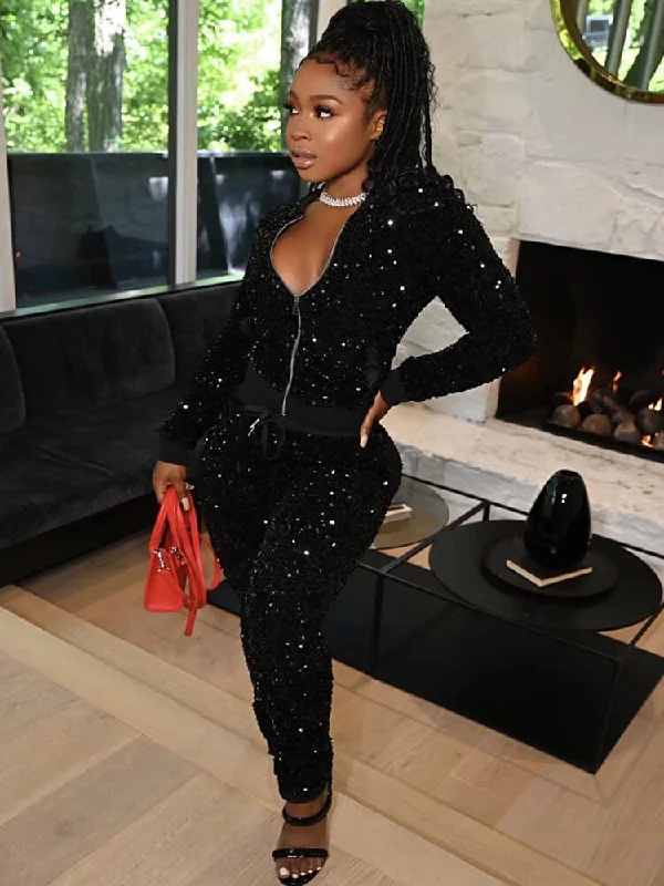 Sequin Two Piece Glitter Zip Up Jacket & Bodycon Pants Nylon Fabric Polyester Fabric Spandex Fabric