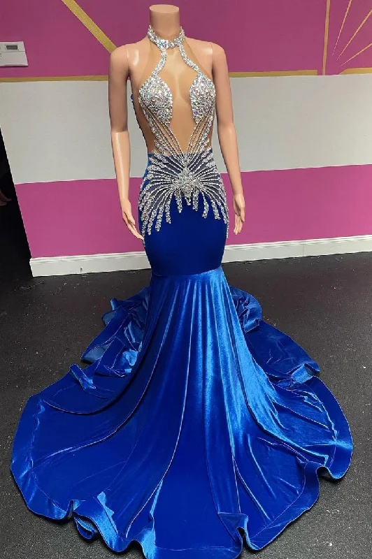 Royal Blue Halter Velvet Mermaid Silver Beaded Prom Party Dresses Pleated Skirt Elegant Royal Blue Halter Velvet Mermaid Silver Beaded Prom Party Dresses Pleated Skirt Elegant