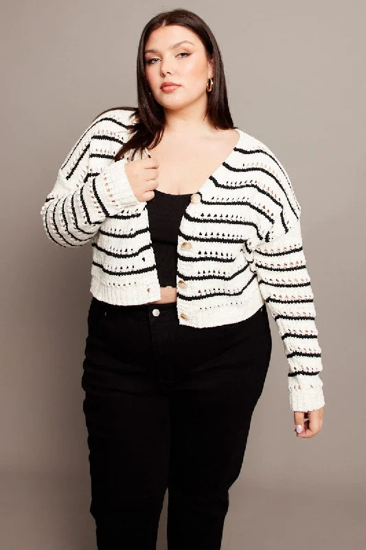 Beige Stripe Crochet Knit Cardigan V-neck Hooded Caped Shawl Collar