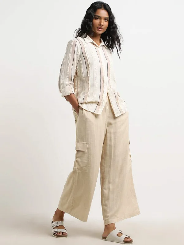 LOV Beige Flared Mid-Rise Blended Linen Pants Comfy Cargo Trousers