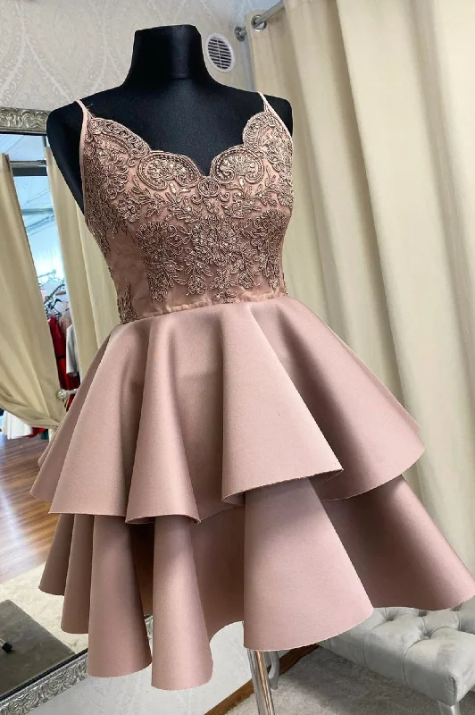A-Line Satin Lace Short Prom Dress, Cute Lace Party Dress Tunics Timeless classic